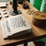 table, notebooks, coasters
